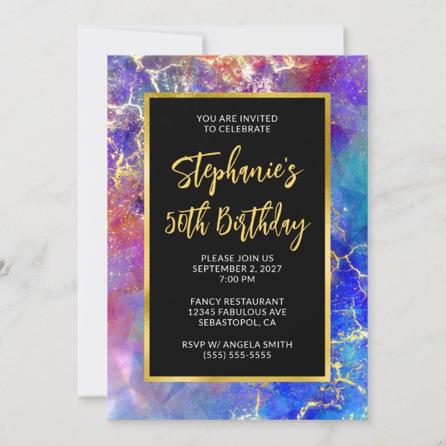 Magenta Royal Blue Gold Fire Opal 50th Birthday Invitation (Front)