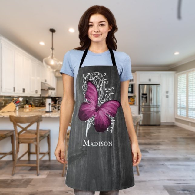 Magenta Rustic Butterfly Personalized Apron (Magenta Rustic Butterfly Personalized Apron)