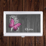 Magenta Rustic Butterfly Personalized Business Card Holder<br><div class="desc">Store your business cards with a Magenta Rustic Butterfly Personalized Business Card Holder. Business card holder design features a butterfly against a white leaf vine and dark grey wooden background with a place to personalize with your name. Additional items available with this design as well. Please contact me directly for...</div>