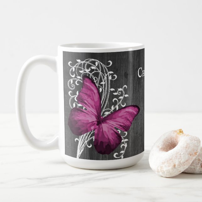 Magenta Rustic Butterfly Personalized Coffee Mug (With Donut)
