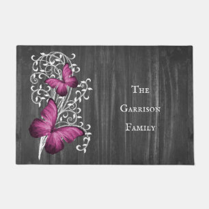 Magenta Rustic Butterfly Personalized Doormat