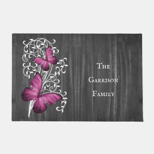 Magenta Rustic Butterfly Personalized Doormat (Front)