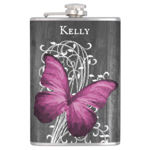 Magenta Rustic Butterfly Personalized Flask