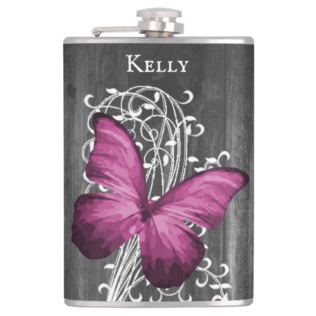 Magenta Rustic Butterfly Personalized Flask (Front)