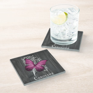 Magenta Rustic Butterfly Personalized Glass Coaster