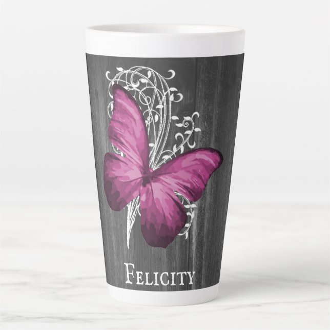 Magenta Rustic Butterfly Personalized Latte Mug (Front)