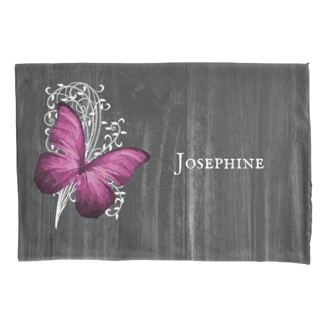Magenta Rustic Butterfly Personalized Pillowcase (Front)