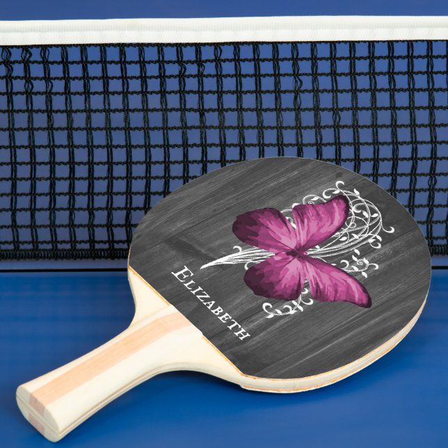 Magenta Rustic Butterfly Personalized Ping Pong Paddle (Insitu)