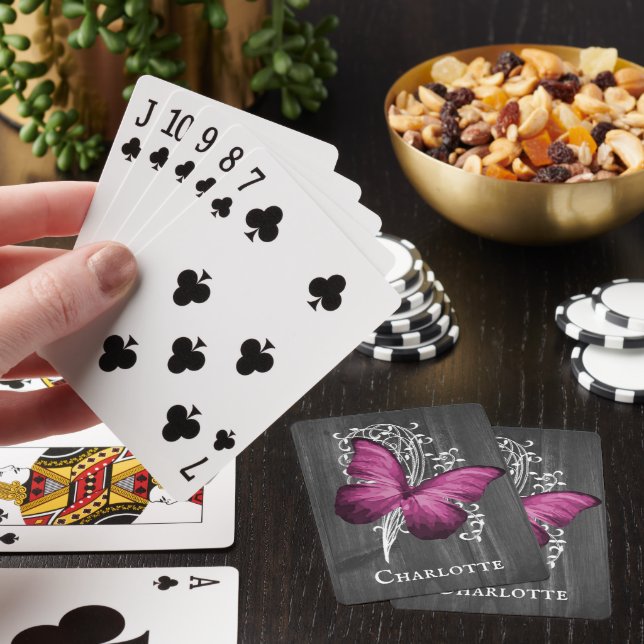 Magenta Rustic Butterfly Personalized Playing Cards (In Situ)