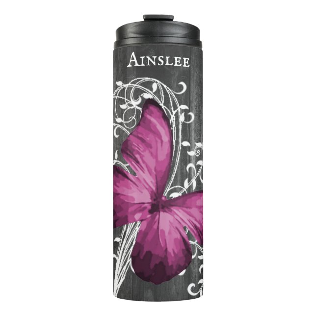 Magenta Rustic Butterfly Personalized Thermal Tumbler (Front)