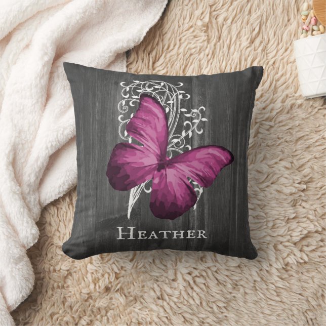 Magenta Rustic Butterfly Personalized Throw Pillow (Blanket)