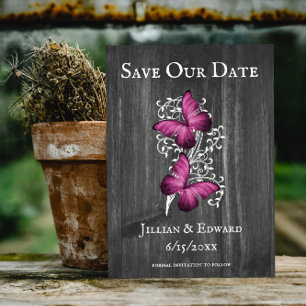 Magenta Rustic Butterfly Save The Date Announcement