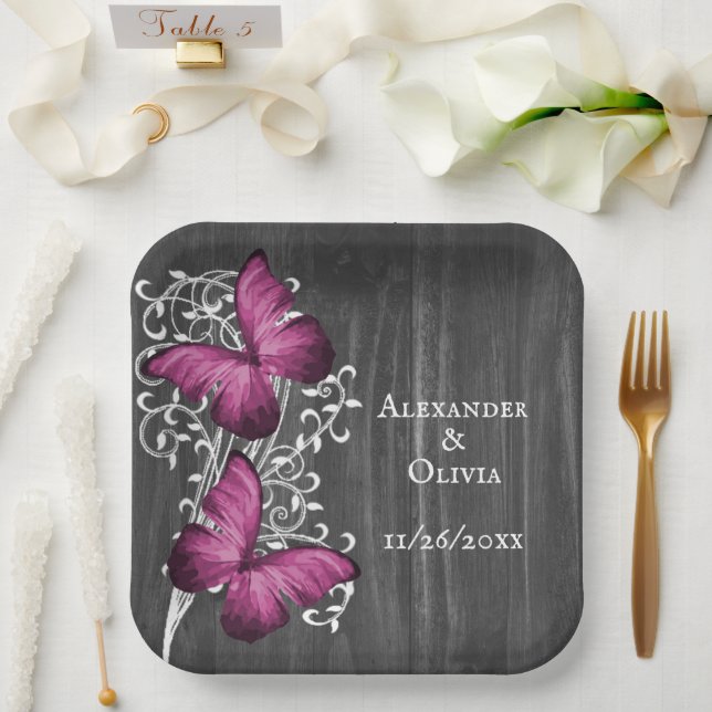 Magenta Rustic Butterfly Wedding Paper Plate (Wedding)