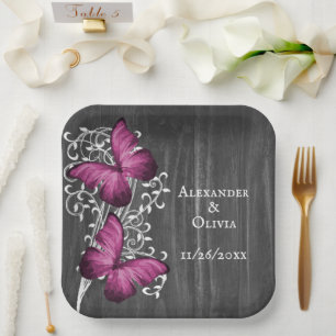 Magenta Rustic Butterfly Wedding Shower Paper Plate