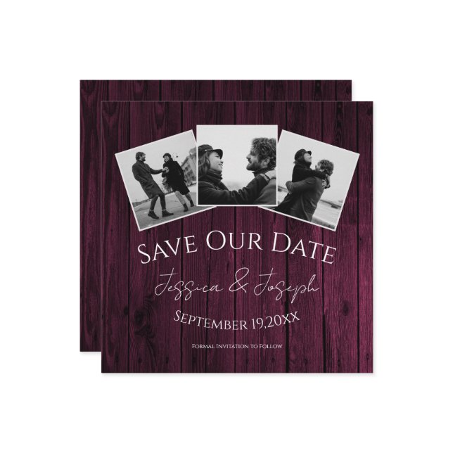 Magenta Rustic Photo Collage Save The Date (Front/Back In Situ)