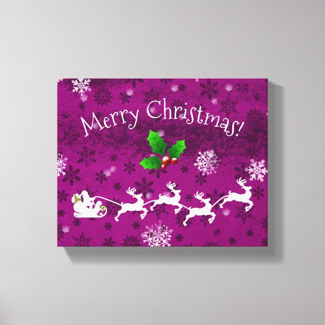 Magenta Santa's Sleigh and Reindeer Canvas Print (Front)