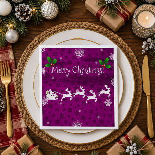 Magenta Santa's Sleigh and Reindeer Paper Napkin