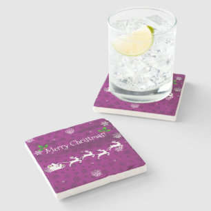 Magenta Santa's Sleigh and Reindeer Stone Coaster