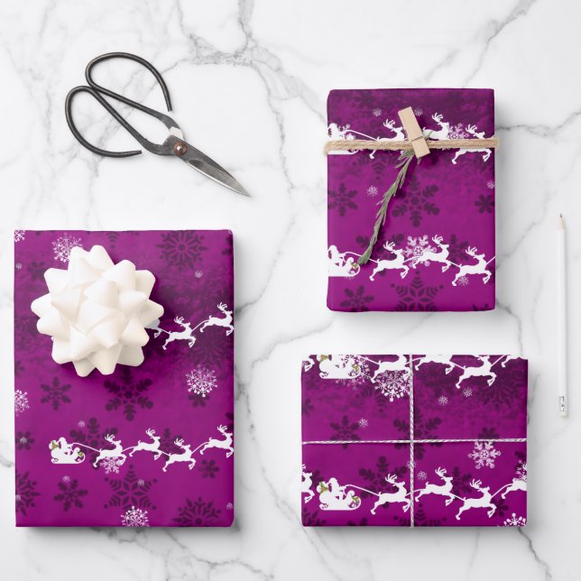 Magenta Santa's Sleigh and Reindeer Wrapping Paper (Front)