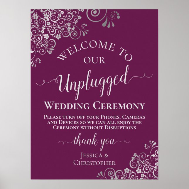 Magenta & Silver Chic Unplugged Wedding Ceremony Poster (Front)