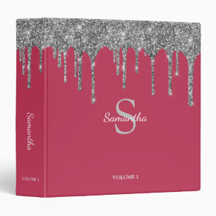 Magenta Silver Glitter Sparkle Drip Monogram Name Binder