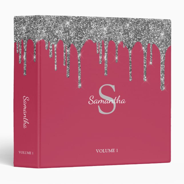 Magenta Silver Glitter Sparkle Drip Monogram Name Binder (Front/Spine)