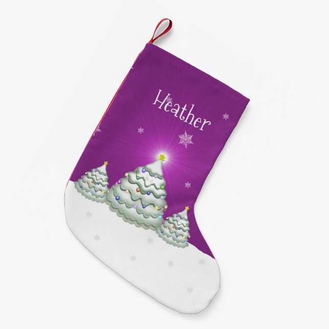 Magenta Snowy Christmas Tree Christmas Stocking (Front (Hanging))