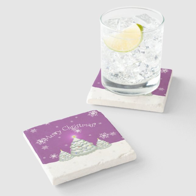 Magenta Snowy Christmas Tree Stone Coaster (Side)