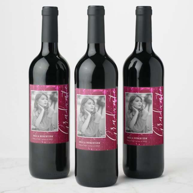 Magenta Space Glitter Photo Graduation Wine Label (Bottles)