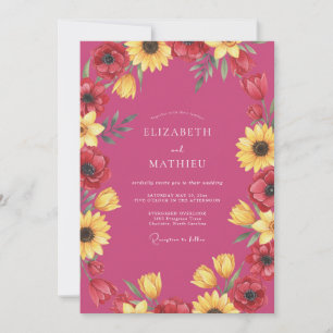Magenta Sunflower Poppy Wedding Invitation