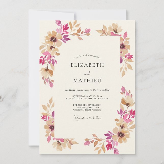 Magenta Tan Wreath Wedding Invitation (Front)