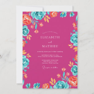 Magenta Teal Wildflower Wedding Invitation