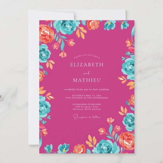 Magenta Teal Wildflower Wedding Invitation (Front)