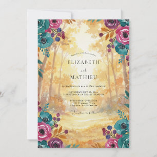 Magenta Teal Woodland Eucalyptus Wedding Invitation