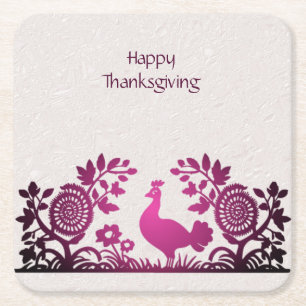 Magenta Thanksgiving Turkey Floral Paper Coaster