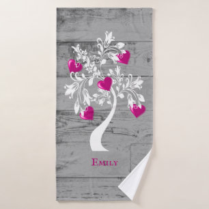Magenta Tree of Hearts Personalized Bath Towel Set
