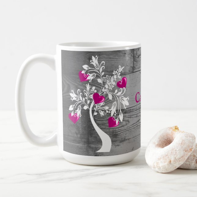 Magenta Tree of Hearts Personalized Coffee Mug (With Donut)