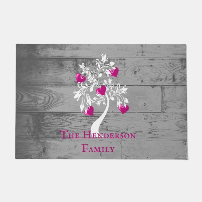 Magenta Tree of Hearts Personalized Doormat (Front)