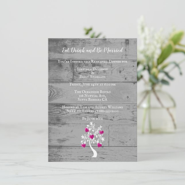 Magenta Tree of Hearts Wedding Rehearsal Dinner Invitation (Standing Front)