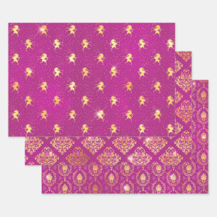 Magenta Unicorn & Gold Damask Pattern Wrapping Paper Sheet