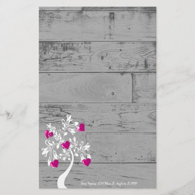 Magenta Valentine Hearts Tree Personalized Stationery (Front)
