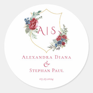 Magenta Vintage Botanical Floral Crest Monogram Classic Round Sticker