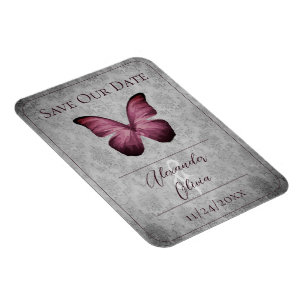 Magenta Vintage Butterfly Damask Save the Date Magnet