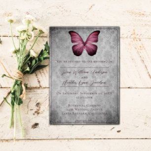 Magenta Vintage Butterfly Damask Wedding Invitation