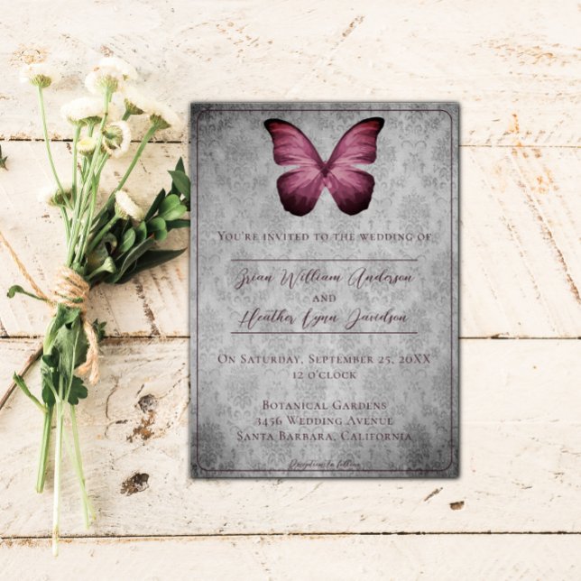 Magenta Vintage Butterfly Damask Wedding Invitation (Magenta Vintage Butterfly Damask Wedding Invitation)