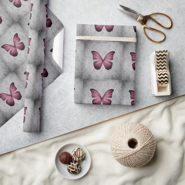 Magenta Vintage Butterfly Damask Wrapping Paper (Crafts)