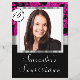 Magenta vintage damask sweet sixteen invitation