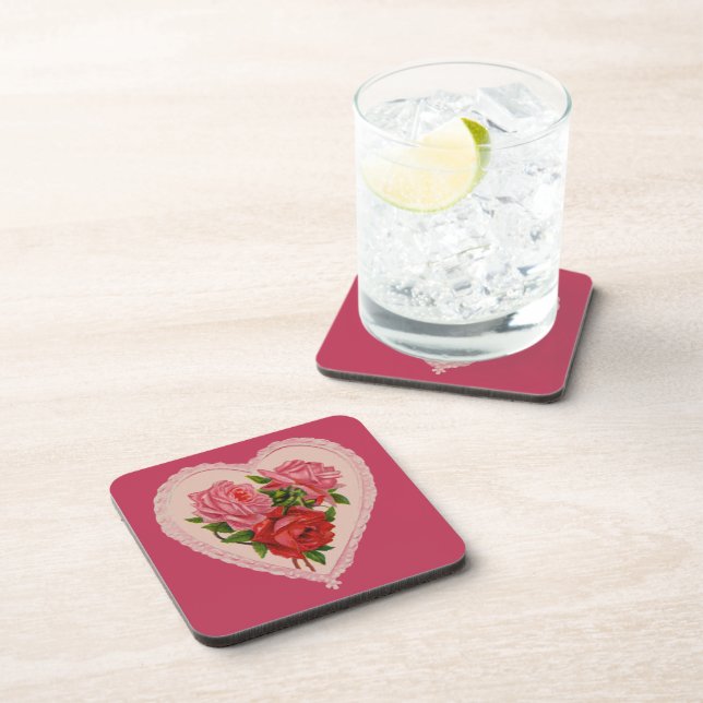 Magenta Vintage Rose Heart Valentine Coaster (Right Side)
