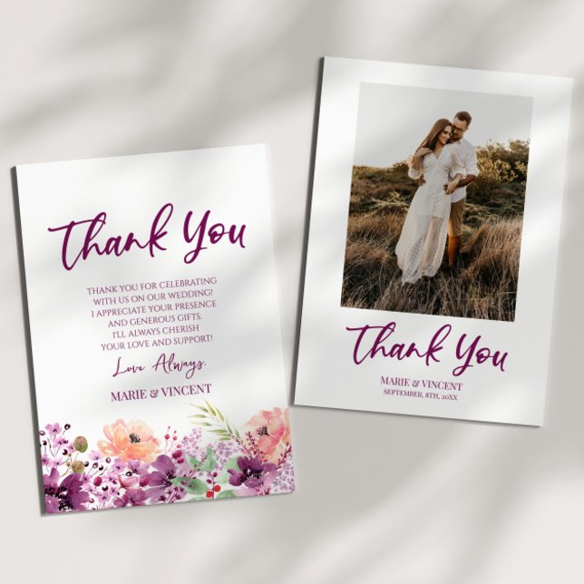 Magenta Violet Purple Floral Flowers Custom Photo Thank You Card (Creator Uploaded)
