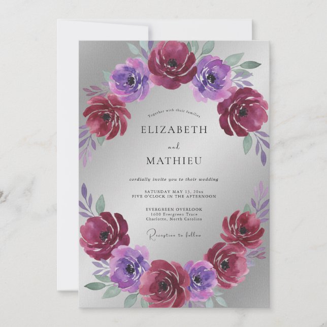 Magenta Violet Ranunculus Eucalyptus Wedding Invitation (Front)